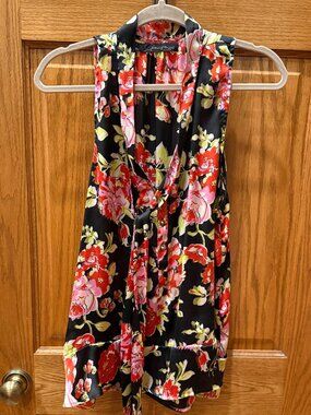 Patterson J Kincaid Sleeveless Floral Blouse, Tie Neck, SZ L